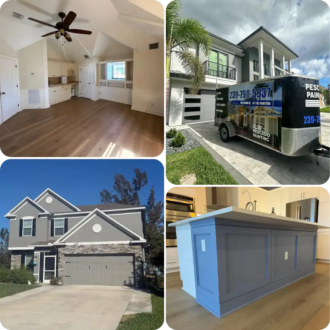 Comprehensive Painting Services for Homes in Southwest Florida Collage showing interior, exterior, and cabinet painting projects by Pescado Painting in Southwest Florida.